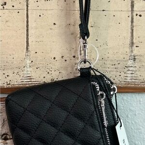 Steve Madden Embellished Logo Double-Zipper Wristlet, Black, BNWT